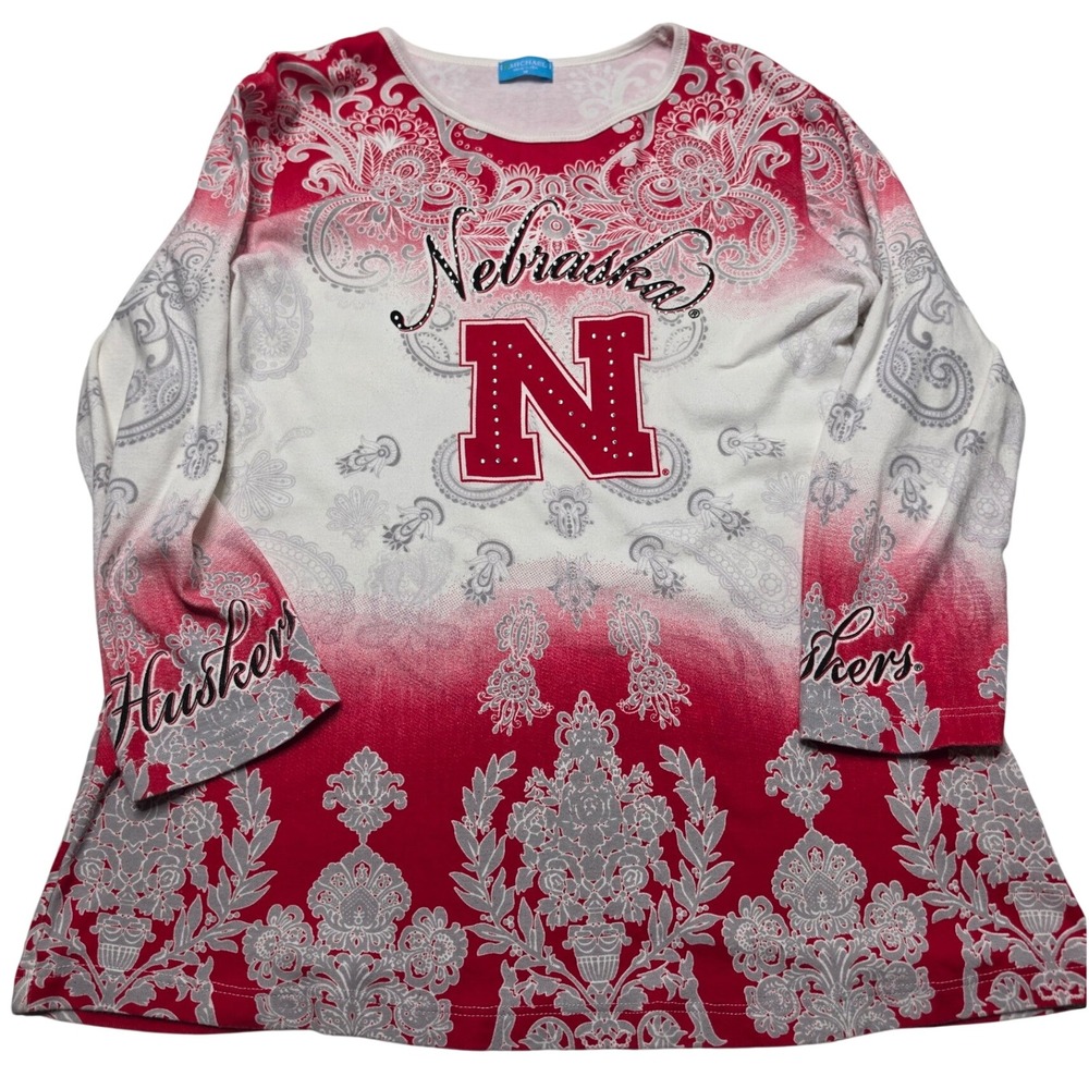 P. Michael Nebraska Huskers Shirt Womens Medium Red Ombre Paisley Rhinestone Top